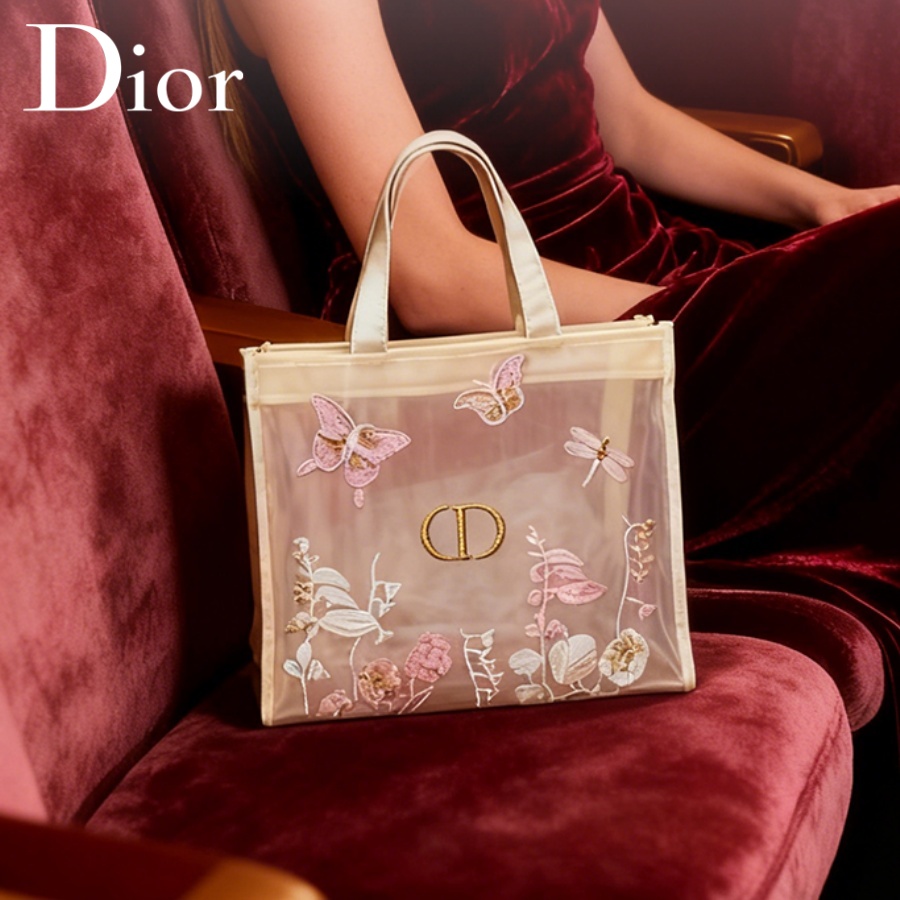 Luxury Bags Brand - กระเป๋าคริสเตียน ดิออร์ ดิออร์ กระเป๋าดีไซน์หรูหรา กระเป๋าแต่งหน้าตาข่ายกึ่งโปร่งใส ลายผีเสื้อ