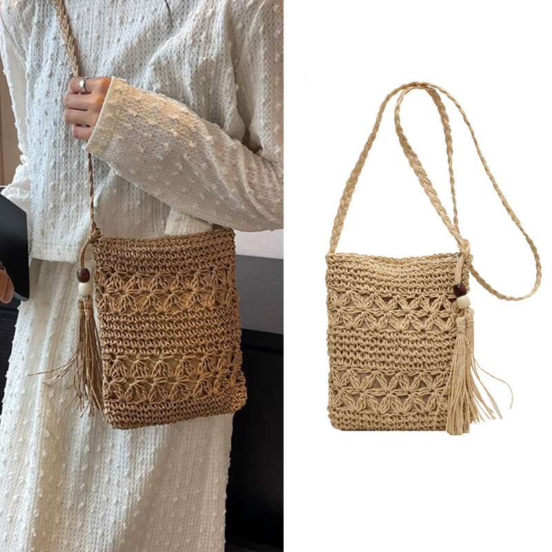 Luxury Beach Bags Ysl - กระเป๋าสะพายข้างผู้หญิง กระเป๋าสะพายไหล่แบบทอพู่ห้อย กระเป๋าสะพายข้างลำลอง กระเป๋าชายหาด กระเป๋าฟางสำหรับผู้หญิง โบลซา