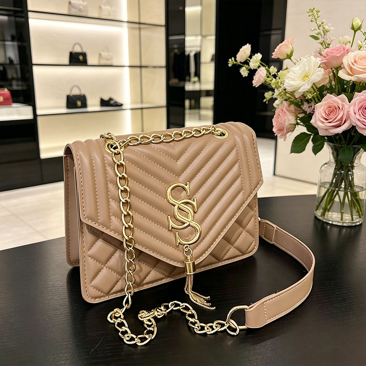 Luxury Quilted Bags - กระเป๋าสะพายไหล่ทรงสี่เหลี่ยมเล็ก ดีไซน์หรูหรา ประดับลายอาร์ไกล์ พร้อมสายโซ่ ตัวอักษรโลหะ และพู่ห้อย